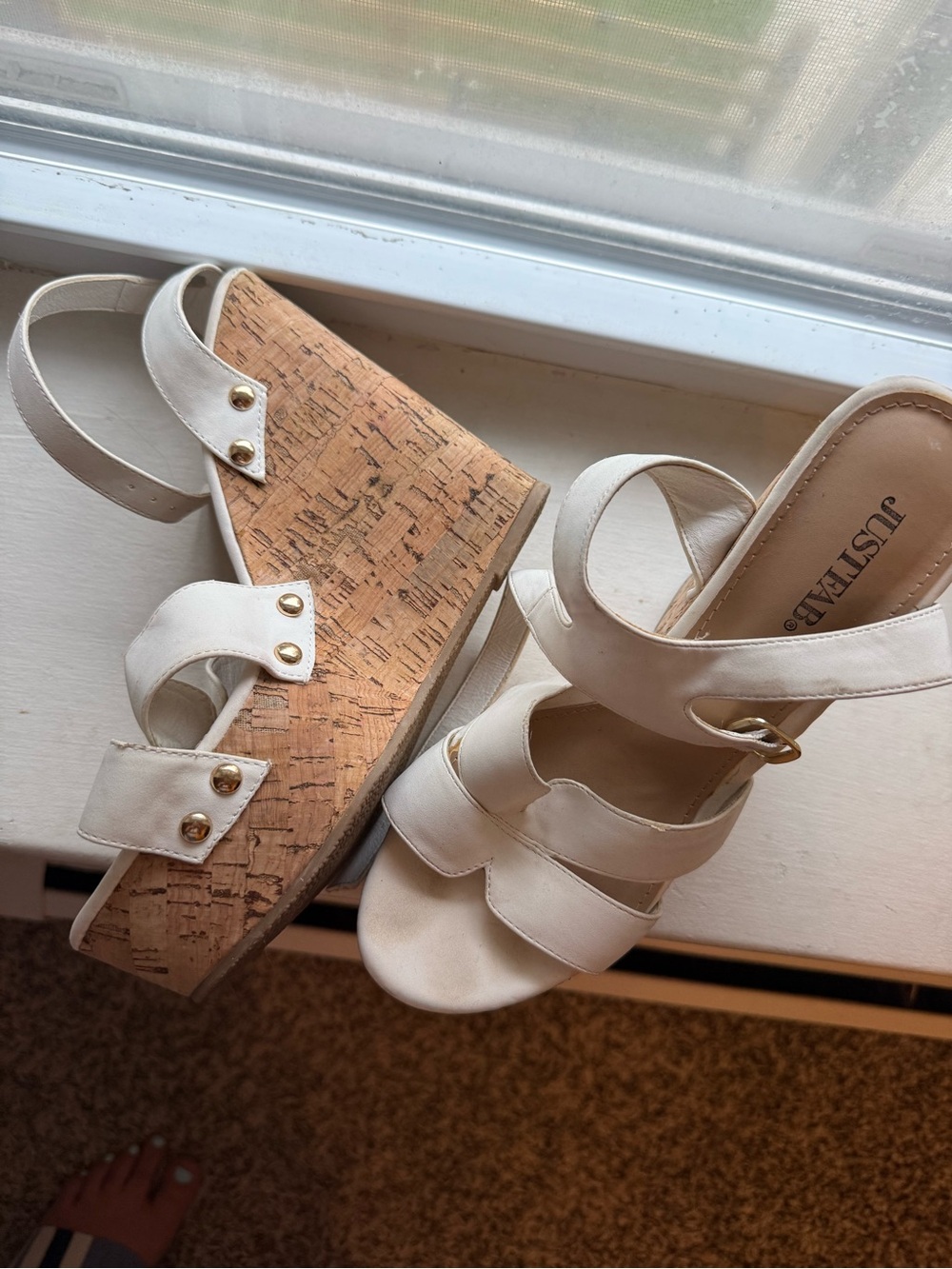 JustFab Cream Cork Wedge Sandals with Gold Accents